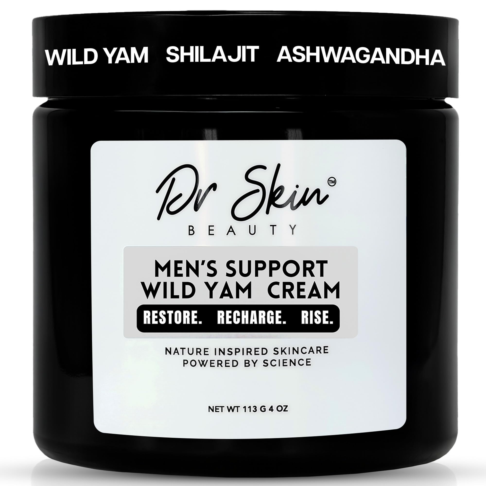 Dr Skin BEAUTY men's wild yam cream bottle promotes energy and hormonal balance.
