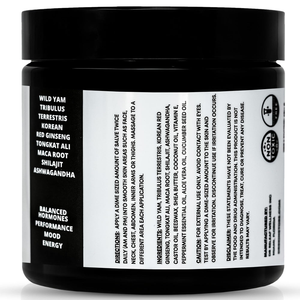 Dr Skin BEAUTY men's wild yam cream label emphasizes herbal power for balance.