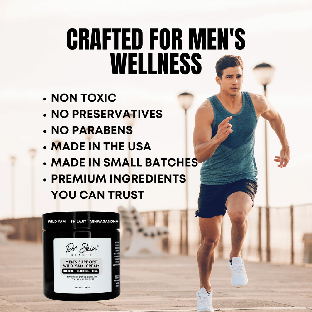 Dr Skin BEAUTY men's wild yam cream packaging on shelf signals USA-made quality.
