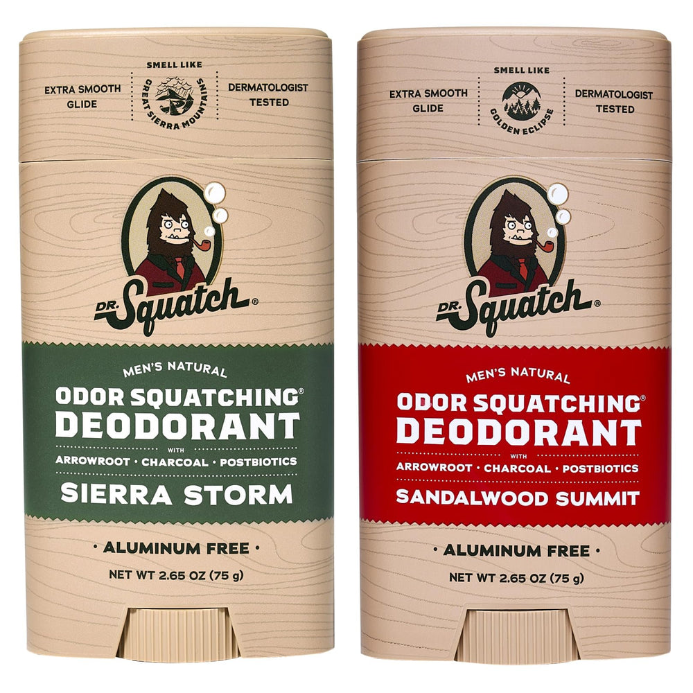 Dr. Squatch 2-pack deodorant packaging featuring Sierra Storm and Sandalwood Summit.