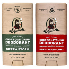 Dr. Squatch 2-pack deodorant packaging featuring Sierra Storm and Sandalwood Summit.