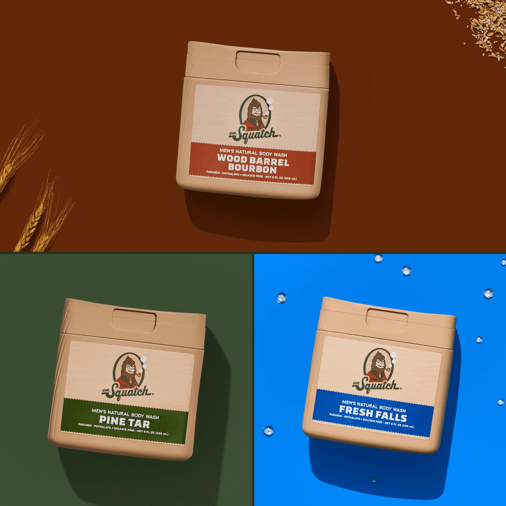 Dr. Squatch 3-pack on shelf features Pine Tar, Bourbon, Fresh Falls