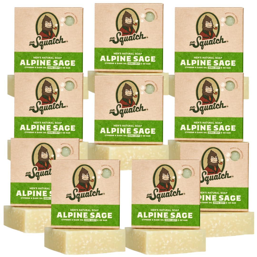 Dr. Squatch Alpine Sage bar soap pack shows a ten-pack for daily cleansing and routine refresh.