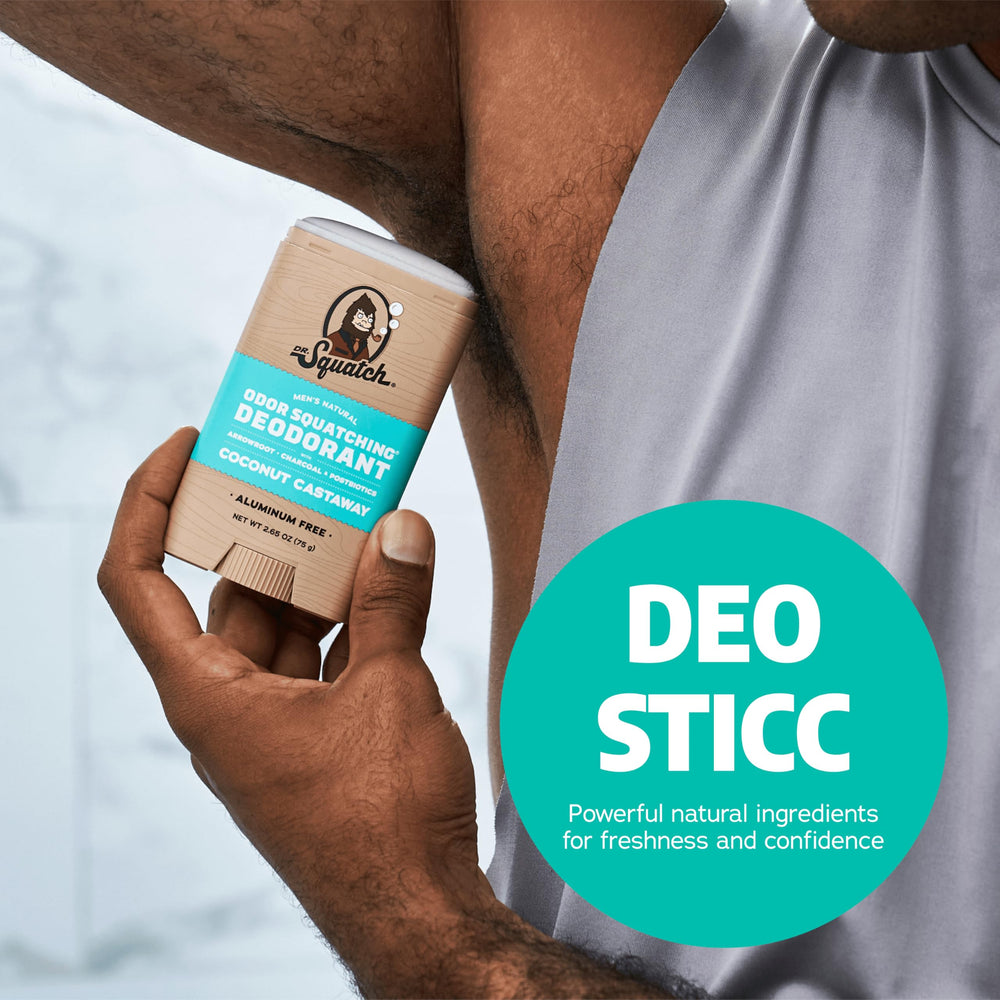 Aluminum-free Dr. Squatch deodorant with Coconut Castaway scent