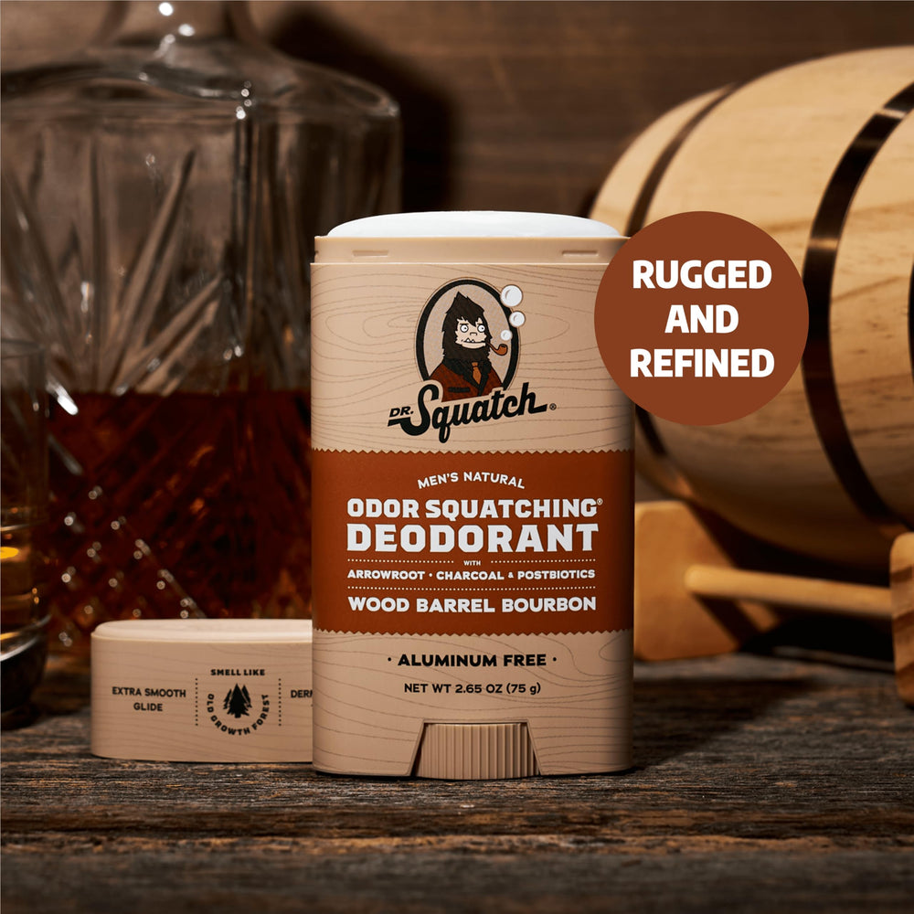 Dr. Squatch deodorant ingredients arrowroot, charcoal, and probiotics for daily odor control.