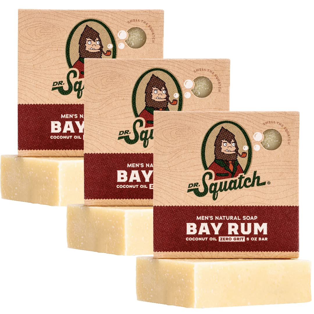 Dr. Squatch Bay Rum bar soap three-pack on display for a refreshing morning routine