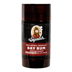 Dr. Squatch Bay Rum deodorant packaging highlights aluminum-free protection for daily odor control.