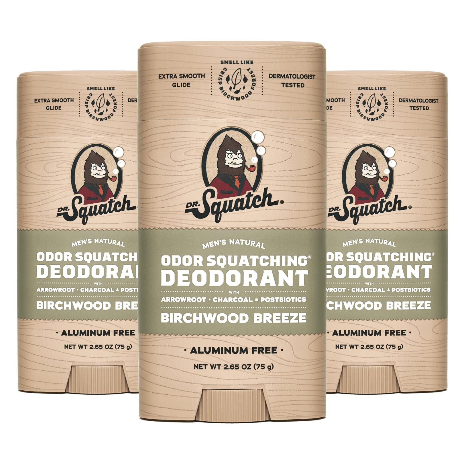 Dr. Squatch Birchwood Breeze deodorant tube close-up for all-day freshness.