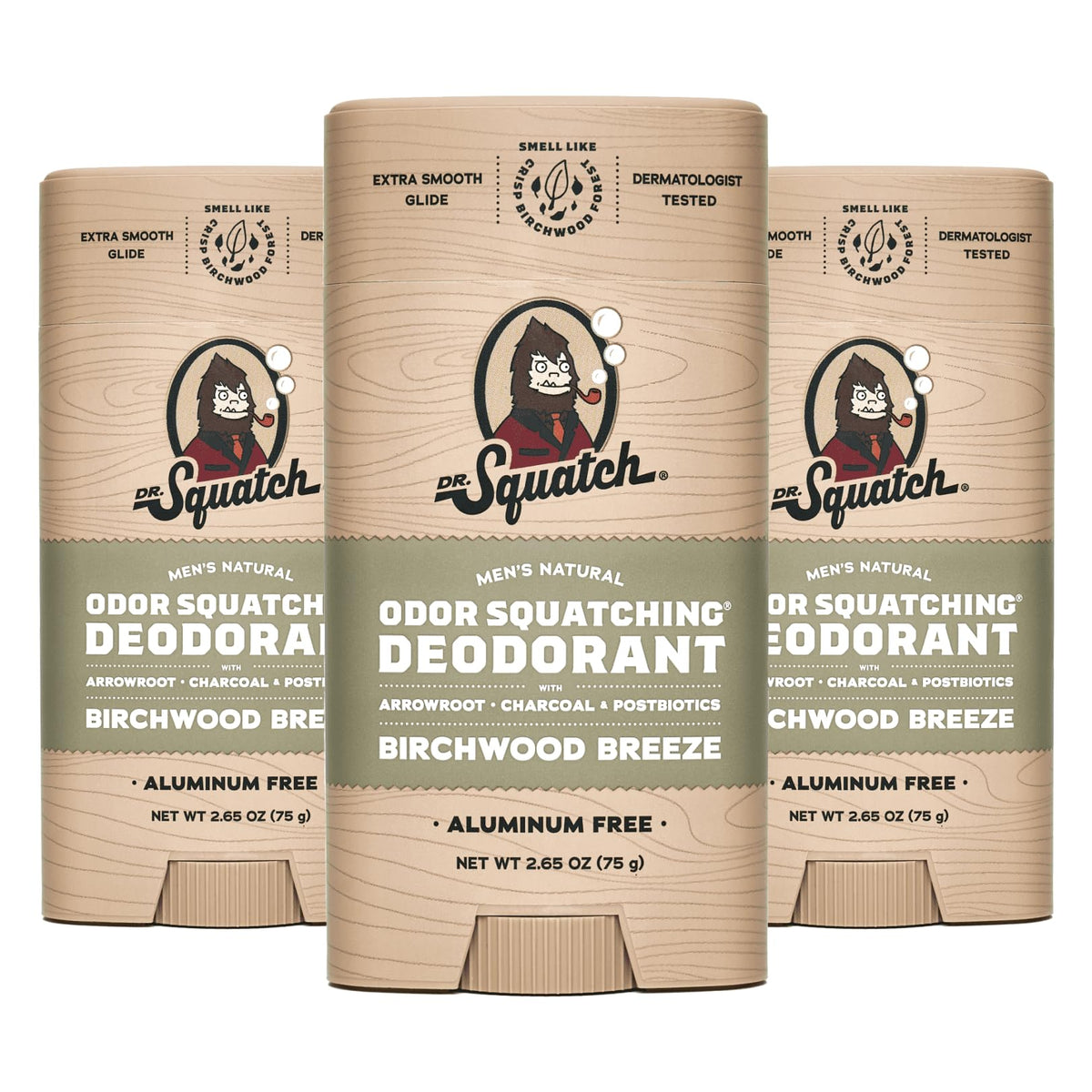 Dr. Squatch Birchwood Breeze deodorant tube close-up for all-day freshness.