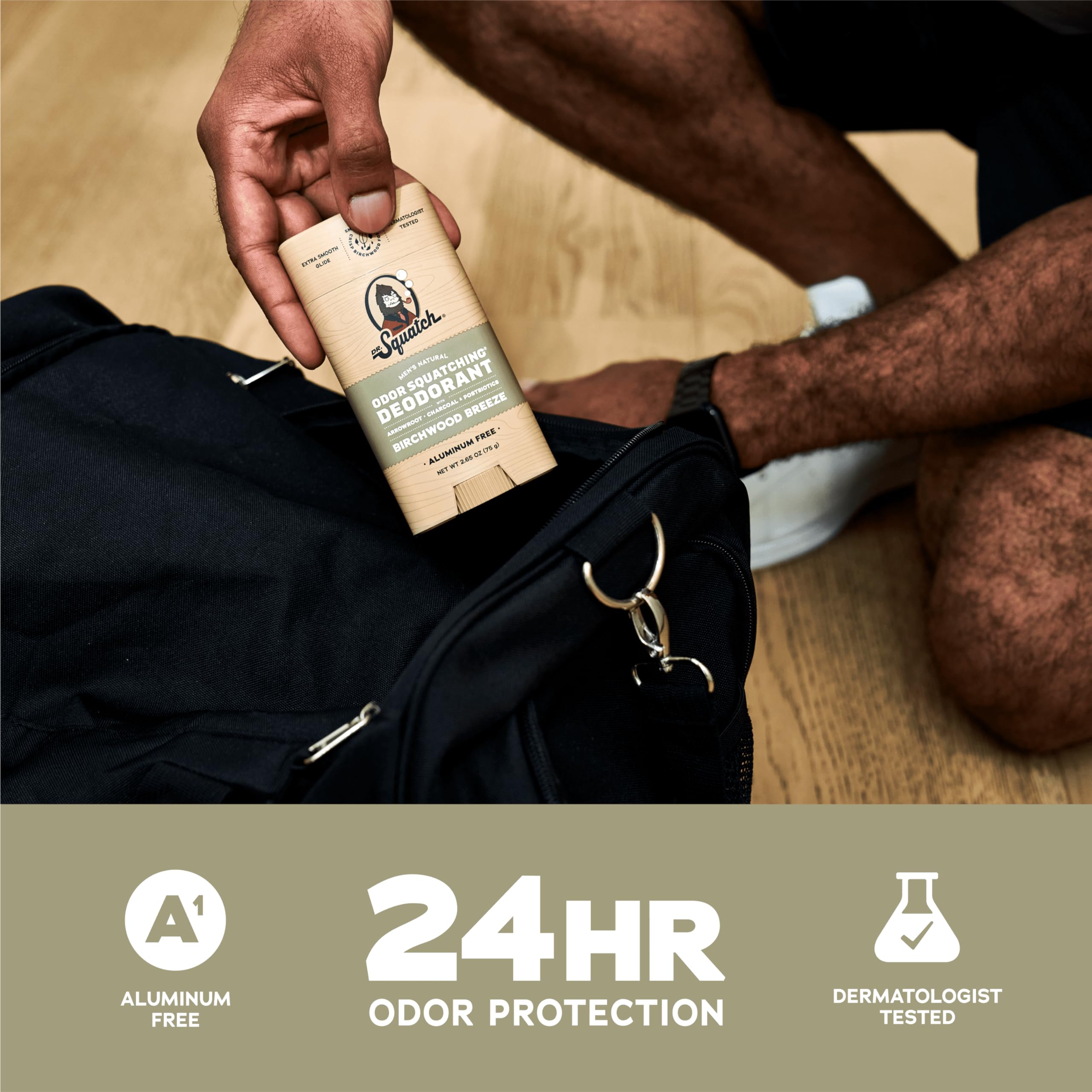 Dr. Squatch Birchwood Breeze packaging on a bathroom shelf signaling aluminum-free protection.
