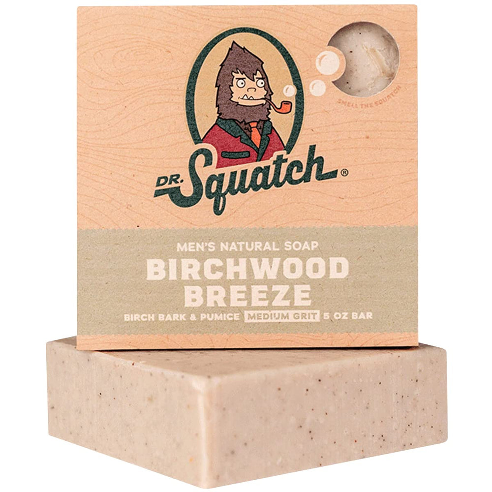 Dr. Squatch Birchwood Breeze soap bars close-up showing pumice exfoliation and woody scent