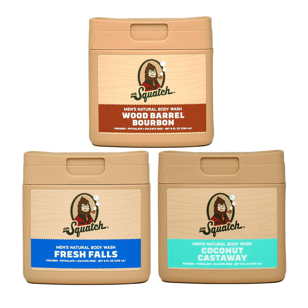 Dr. Squatch Bourbon bottle highlights rugged scent for daily cleansing with lasting moisturization