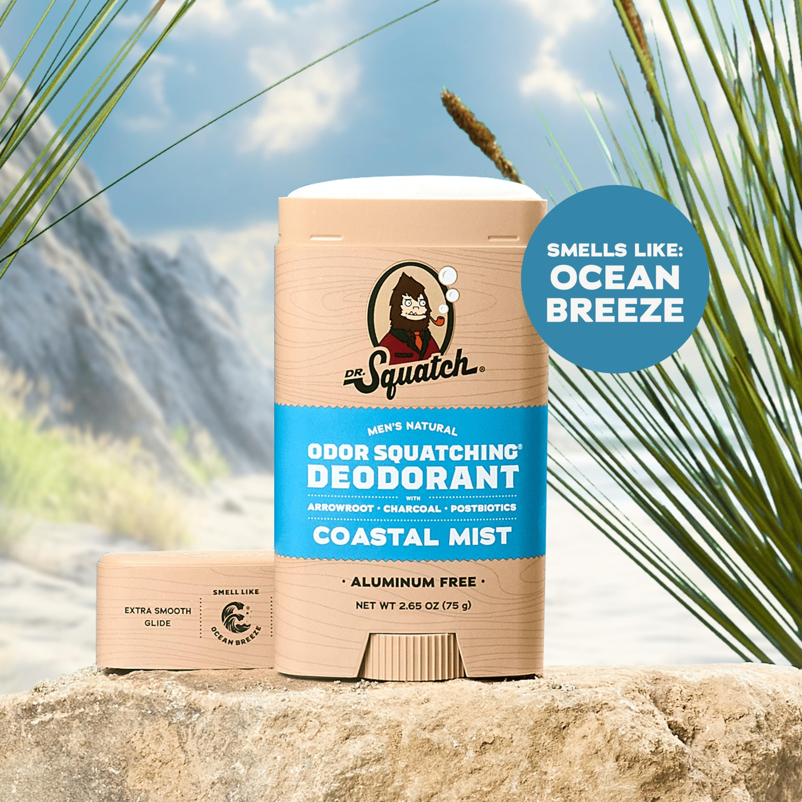Dr. Squatch charcoal absorbent visual conveys stinky-source protection for all-day freshness.