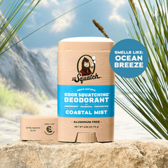 Dr. Squatch charcoal absorbent visual conveys stinky-source protection for all-day freshness.