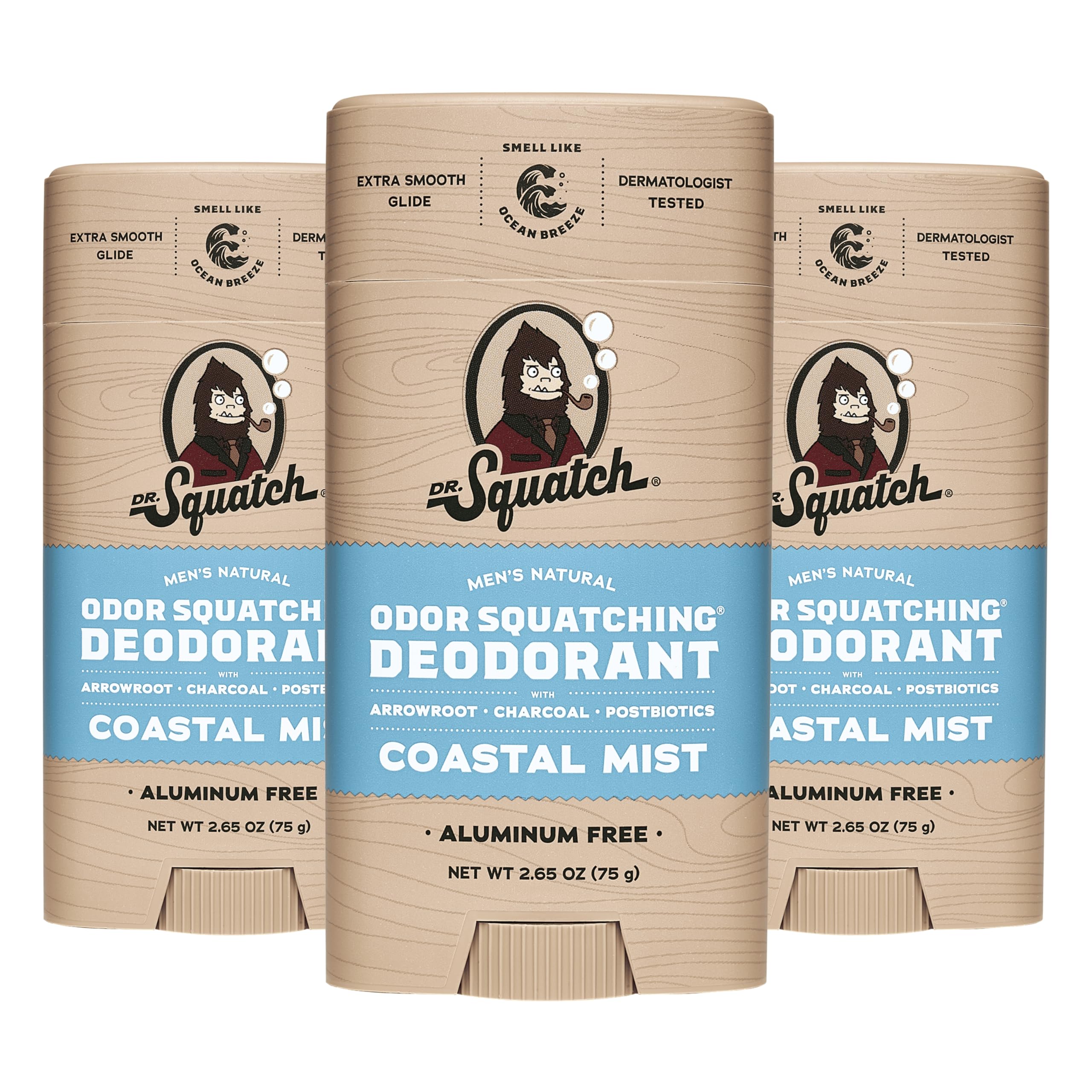 Dr. Squatch Coastal Mist deodorant packfront showcases all-day natural protection.
