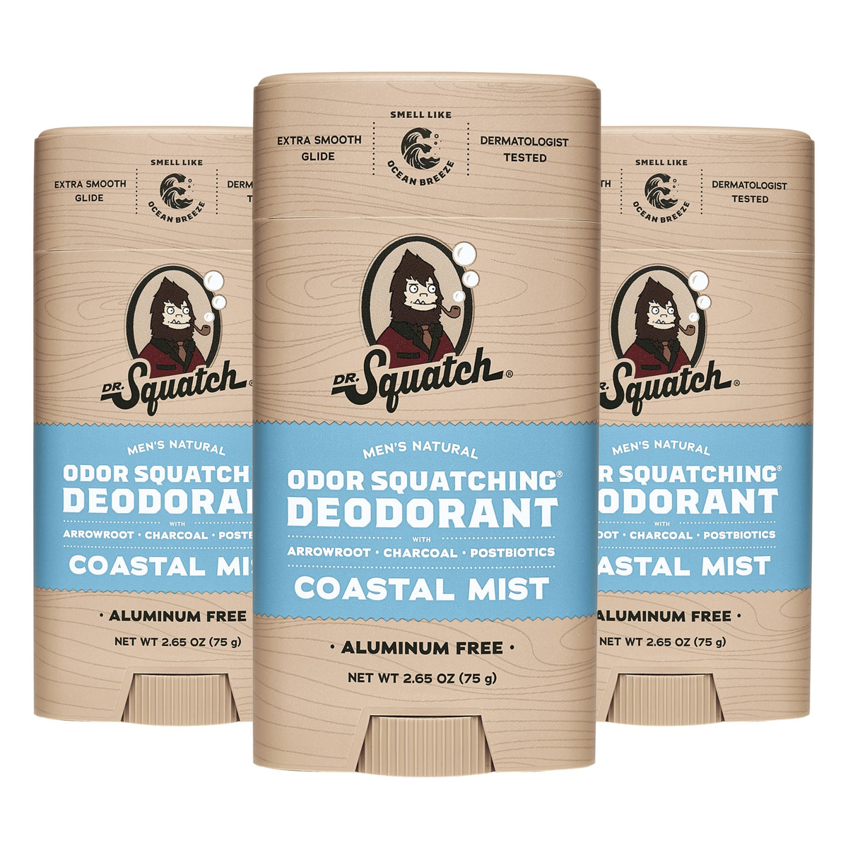 Dr. Squatch Coastal Mist deodorant packfront showcases all-day natural protection.