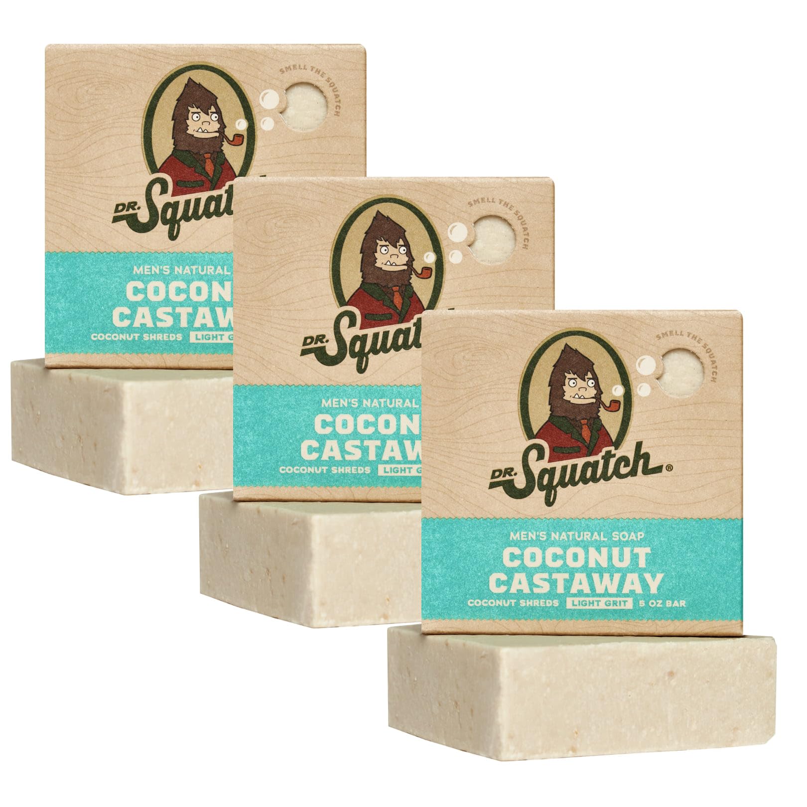 Dr. Squatch Coconut Castaway 3-pack front view for daily shower ritual.