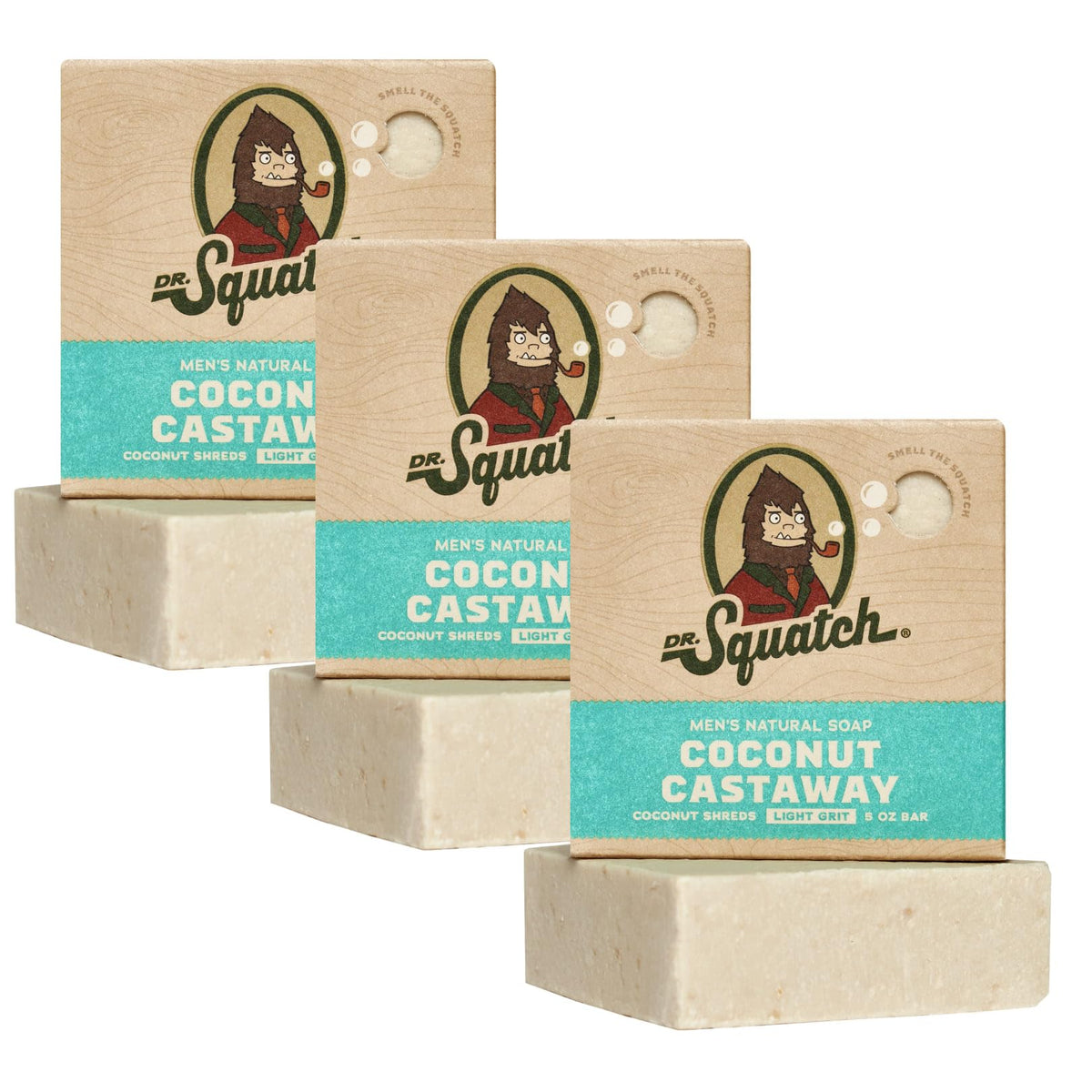 Dr. Squatch Coconut Castaway 3-pack front view for daily shower ritual.