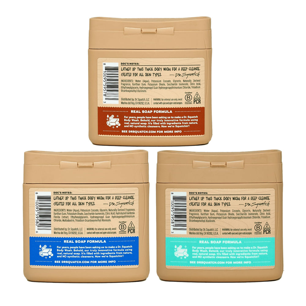 Dr. Squatch Coconut Castaway bottle evokes tropical notes and nourished, smooth skin