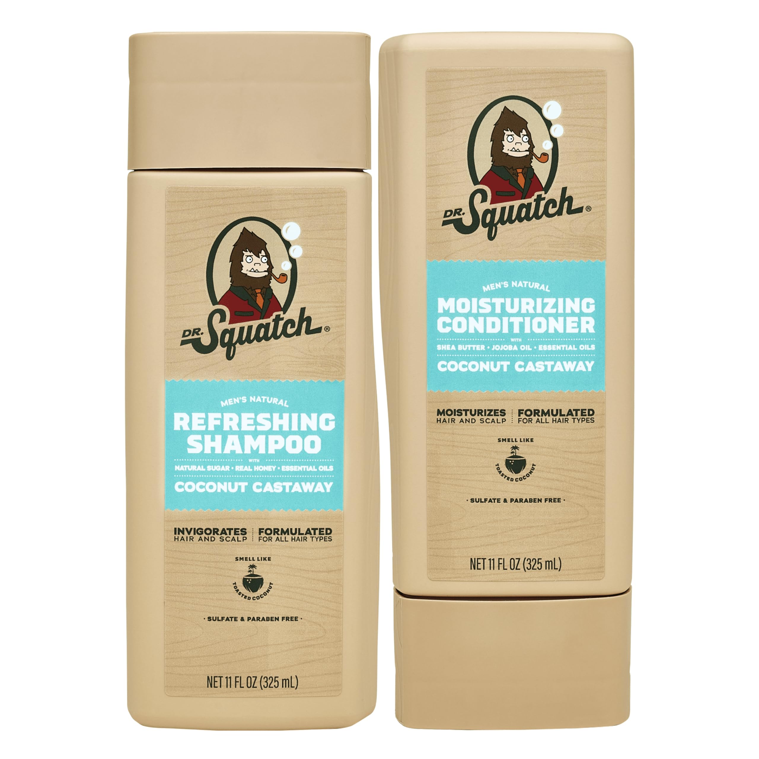Dr. Squatch Coconut Castaway shampoo bottle offers a refreshing cleanse for hair.