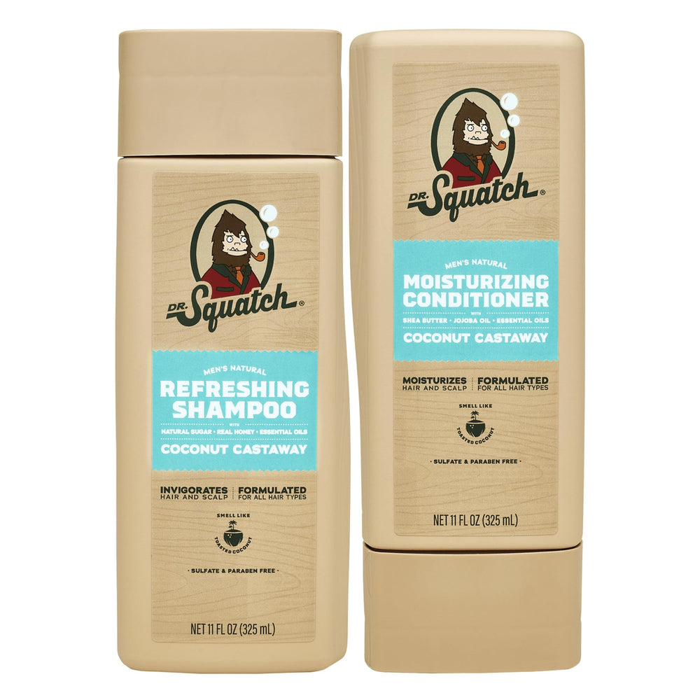 Dr. Squatch Coconut Castaway shampoo bottle offers a refreshing cleanse for hair.