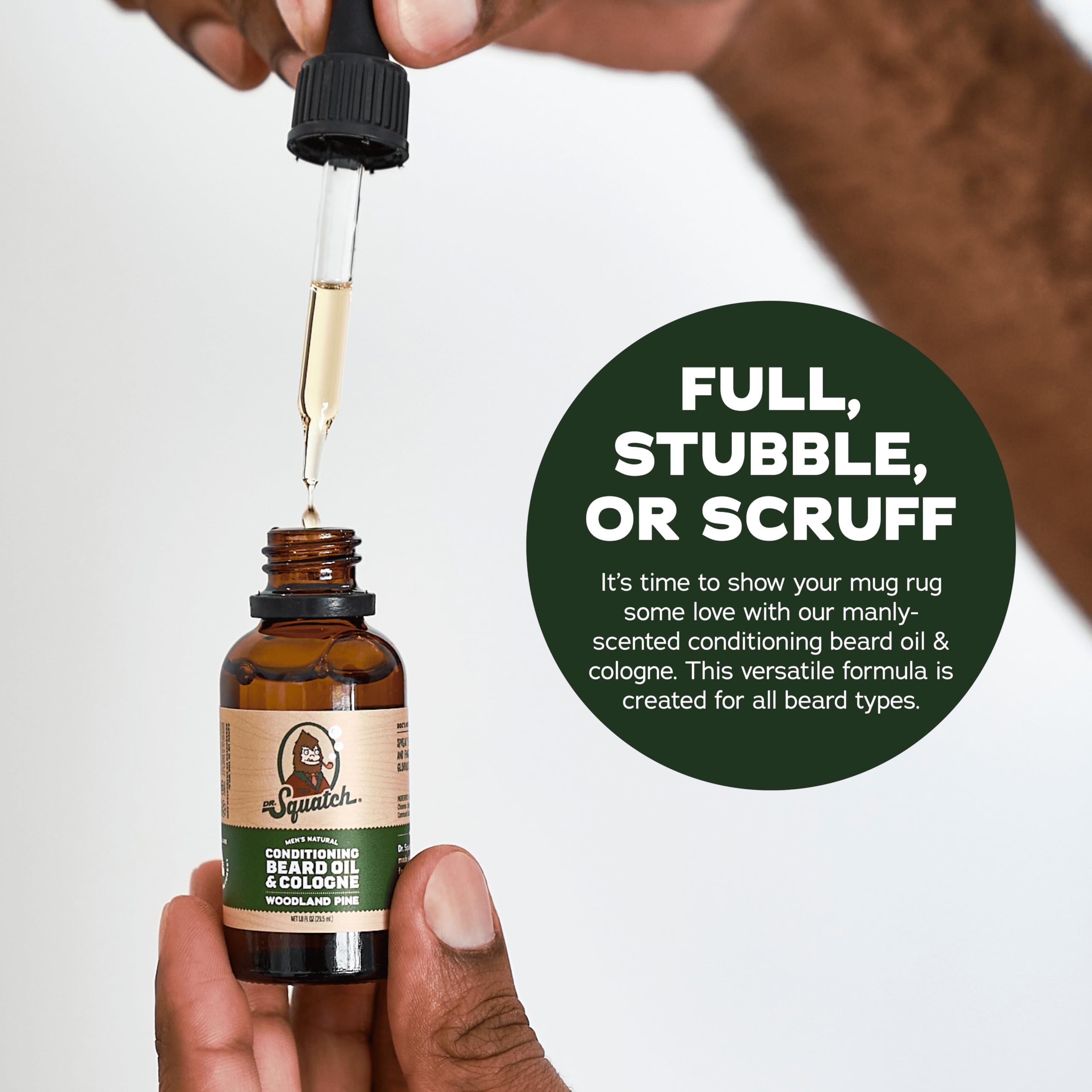 Dr. Squatch Conditioning Beard Oil Woodland Pine bottle offers fresh rugged aroma.