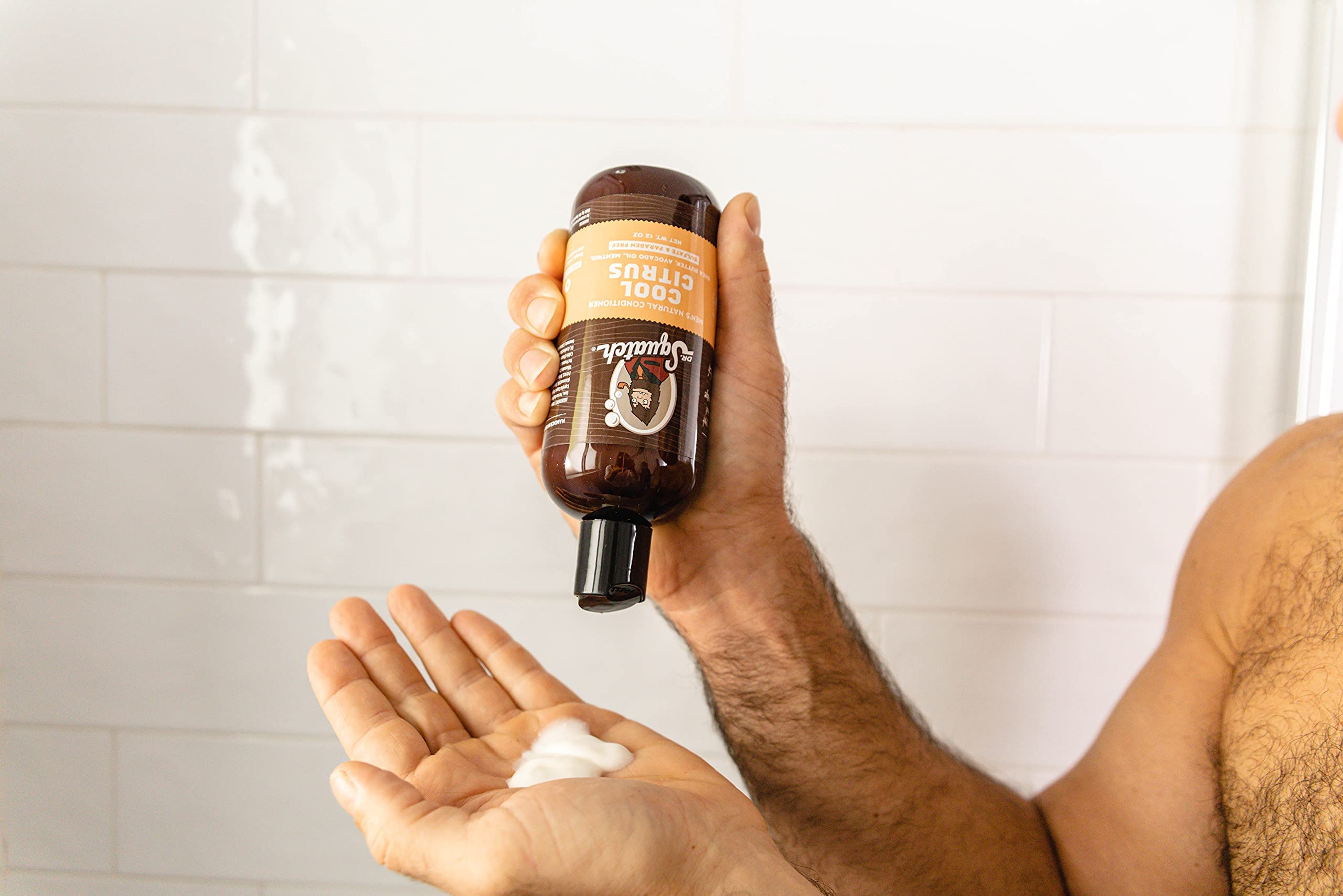Dr. Squatch Cool Citrus Conditioner hair close-up reveals shine and detangling ease.