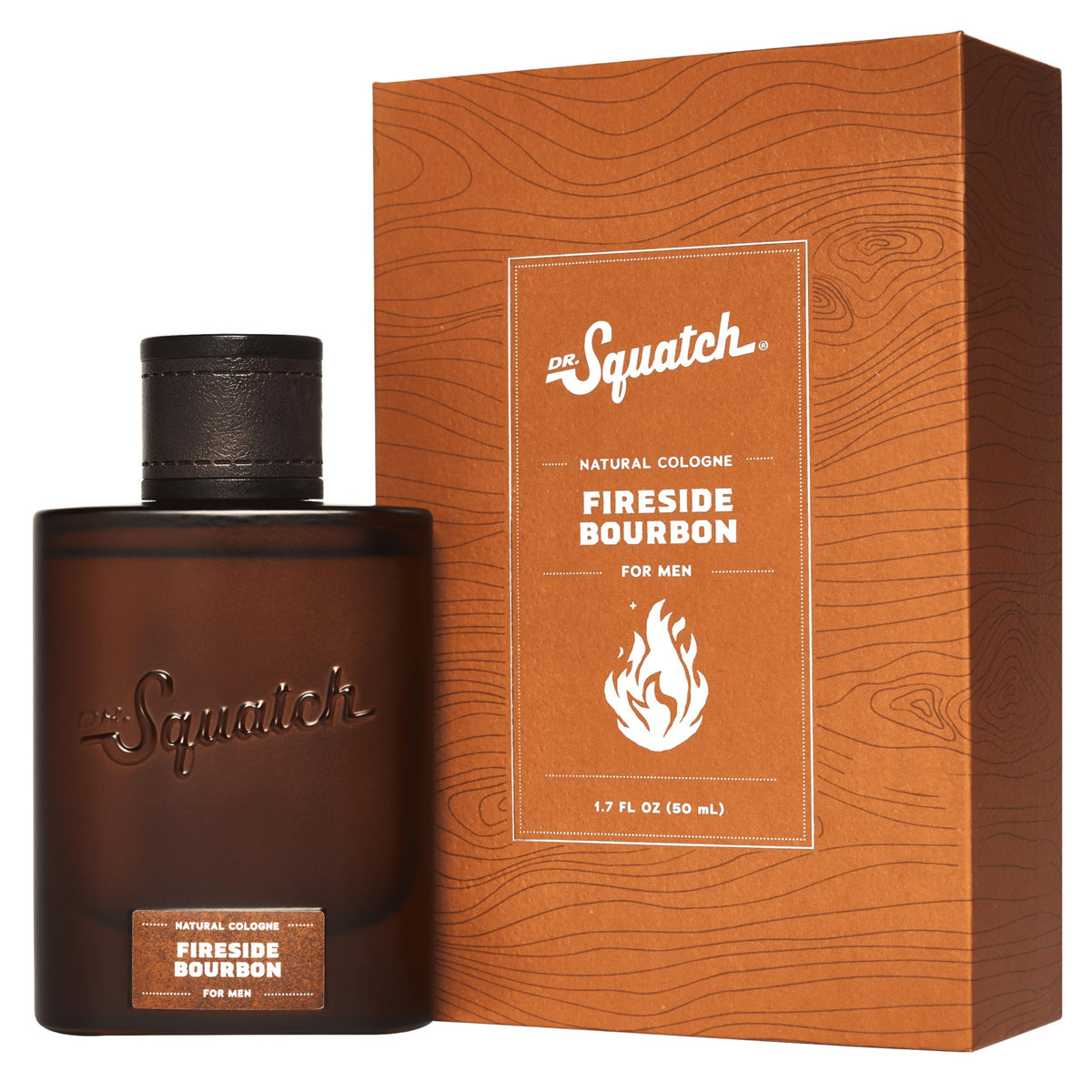 Dr. Squatch Fireside Bourbon Cologne bottle shows a woodsy, long-lasting scent profile