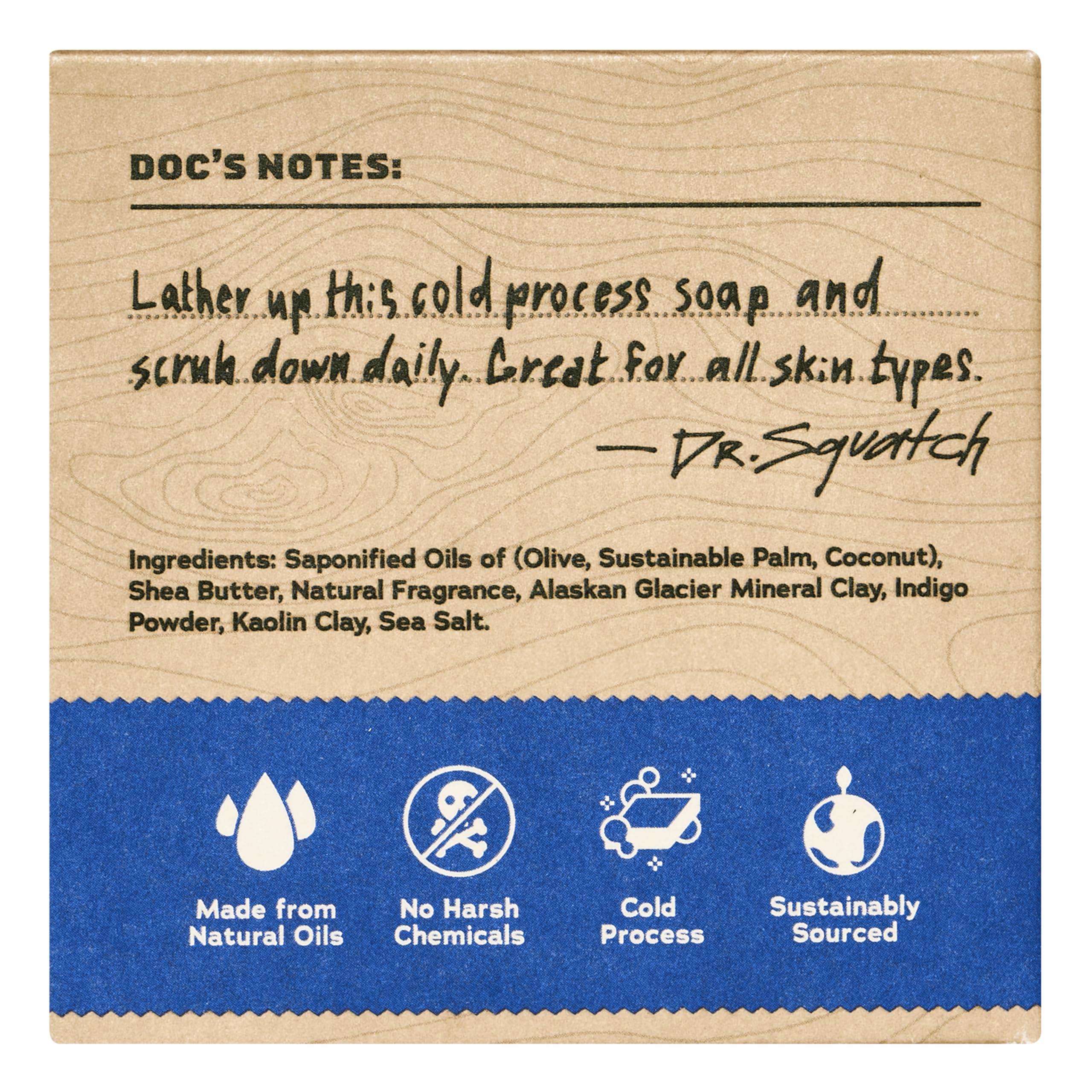 Dr. Squatch Fresh Falls USA-made label closeup emphasizes traditional cold-process craftsmanship.