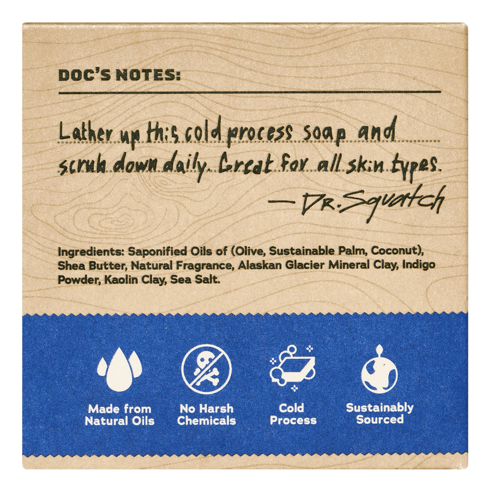 Dr. Squatch Fresh Falls USA-made label closeup emphasizes traditional cold-process craftsmanship.