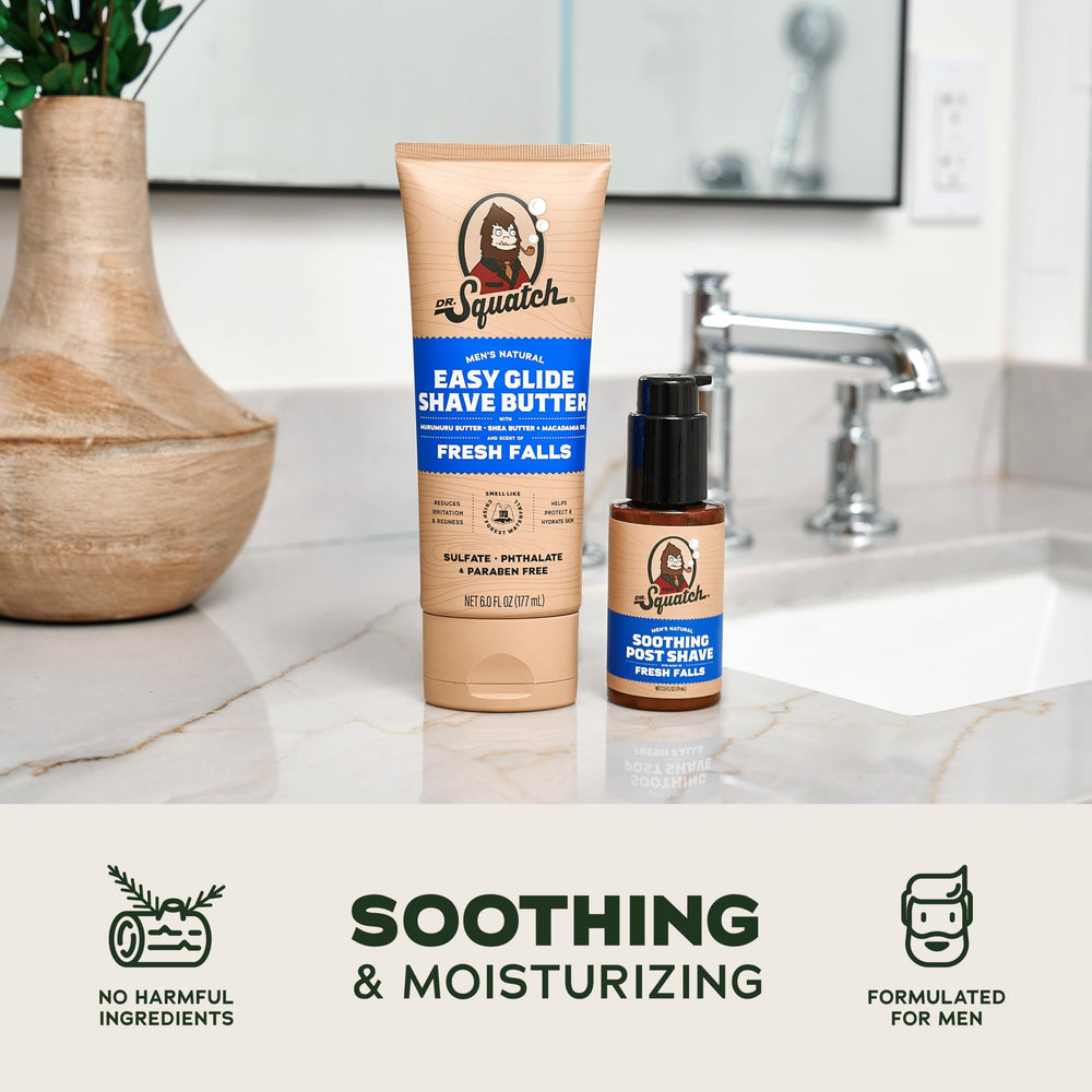 Dr. Squatch Fresh Falls bottle closeup highlights natural, manly fragrance.
