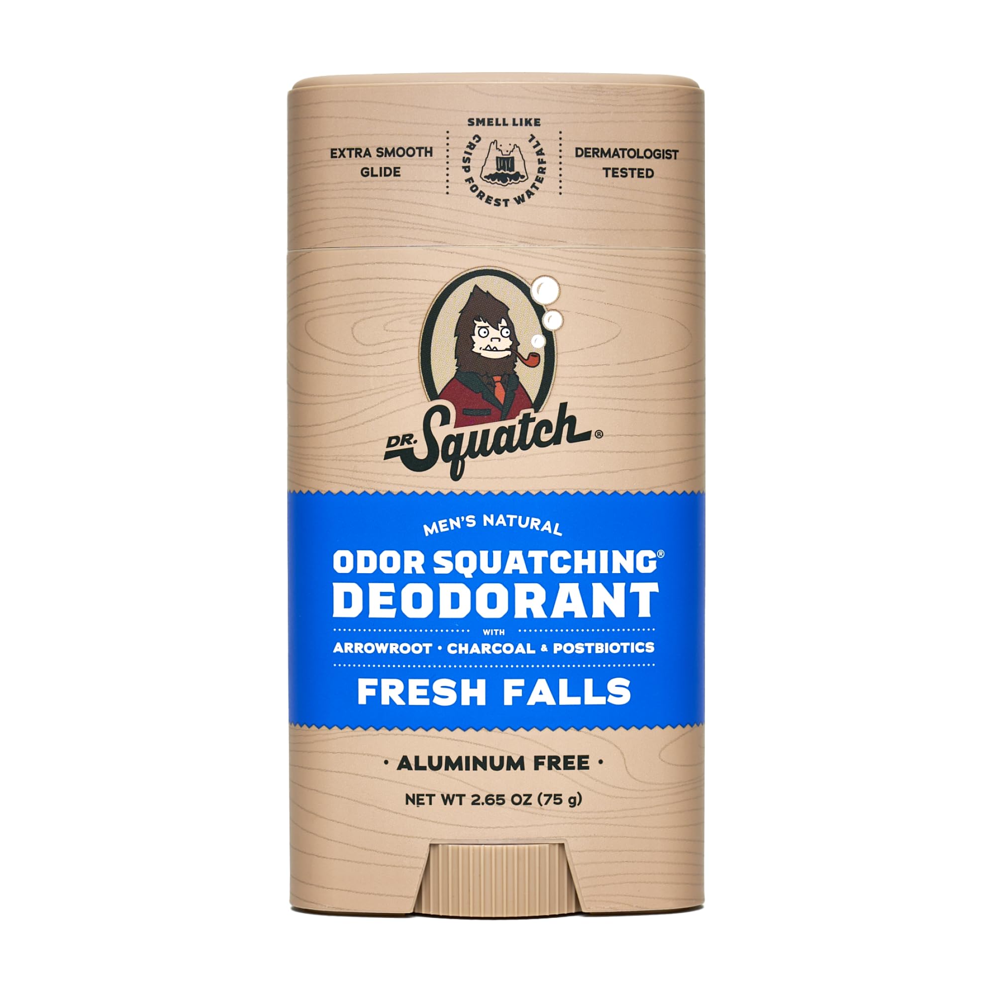 Dr. Squatch Fresh Falls deodorant bottle front shows aluminum-free scent for daily freshness.