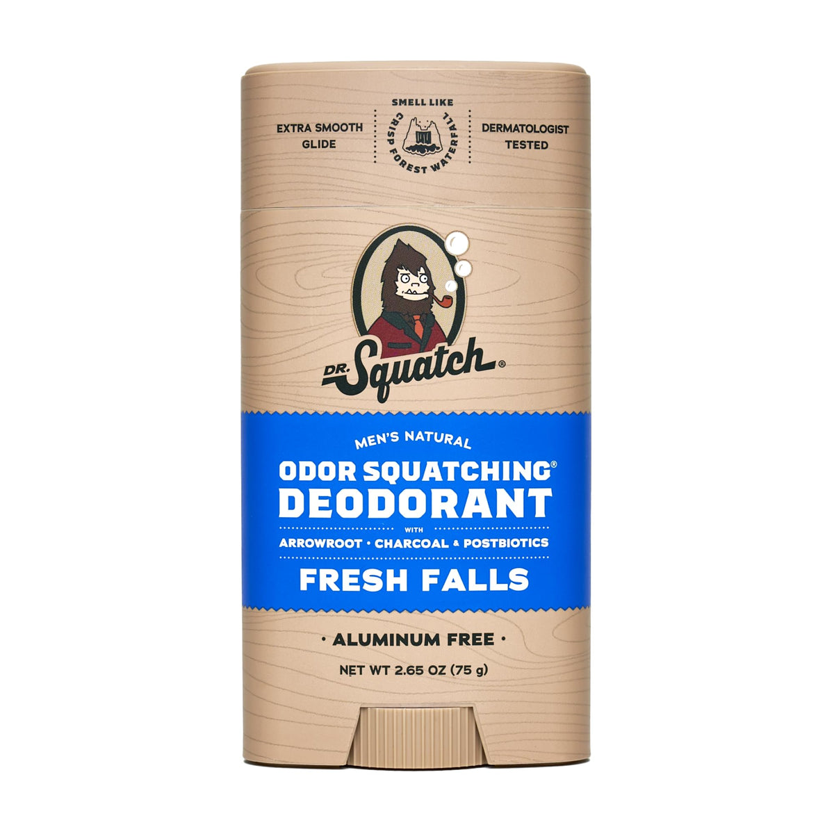 Dr. Squatch Fresh Falls deodorant bottle front shows aluminum-free scent for daily freshness.