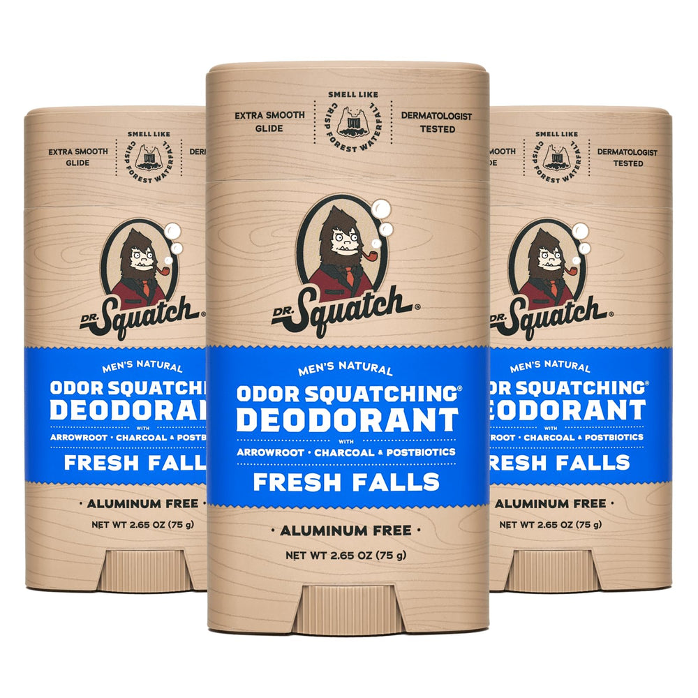 Dr. Squatch Fresh Falls deodorant stick closeup for all-day freshness and natural protection.