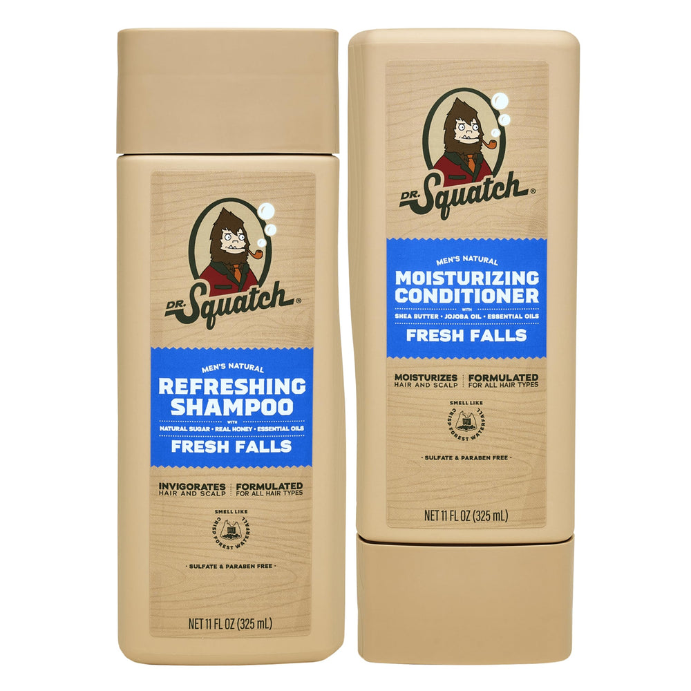 Dr. Squatch Fresh Falls shampoo bottle for a refreshing scalp cleanse.