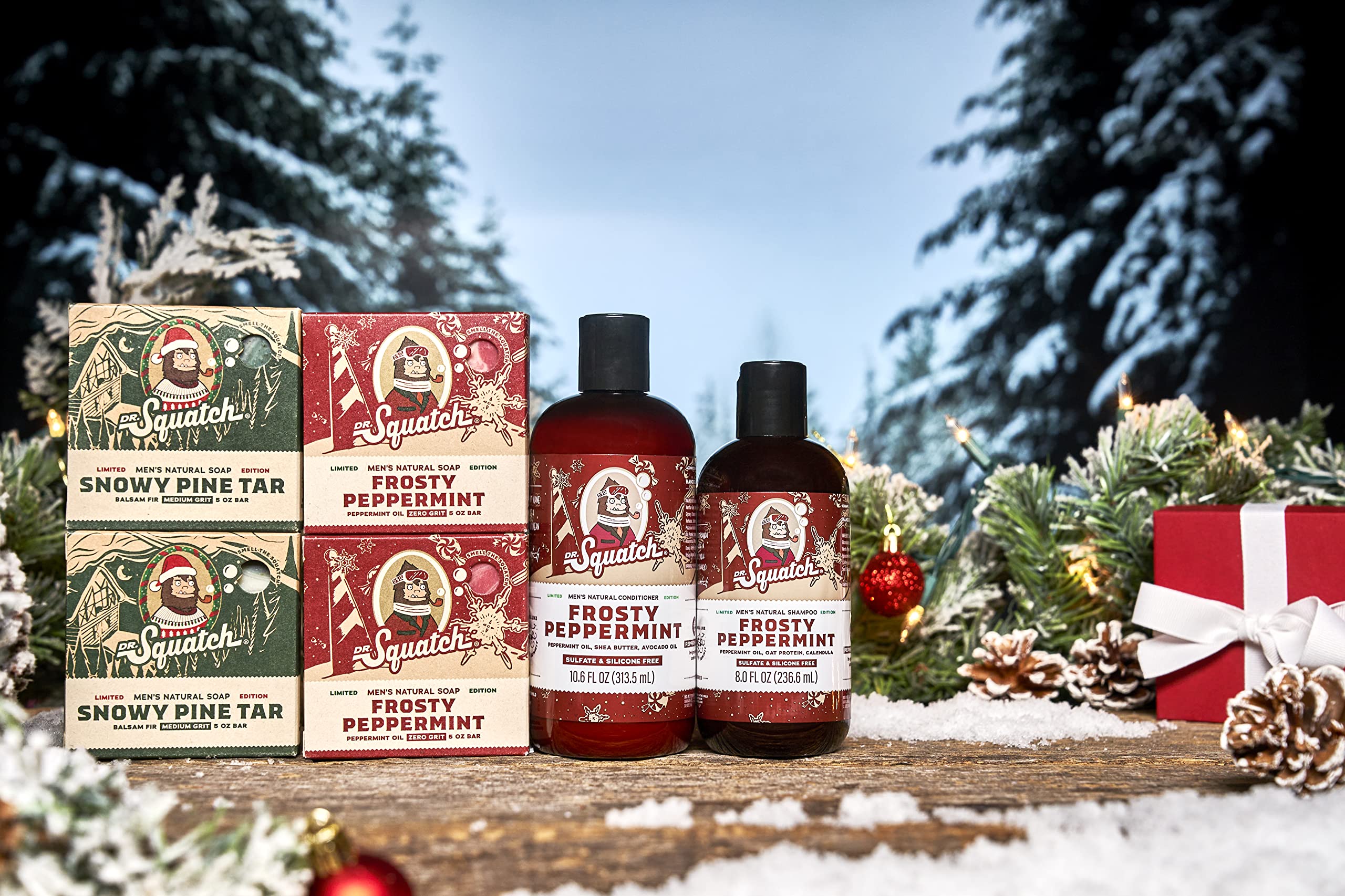 Dr. Squatch Frosty Peppermint Soap bars deliver refreshing cleanse with cooling aroma.