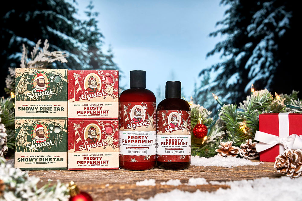 Dr. Squatch Frosty Peppermint Soap bars deliver refreshing cleanse with cooling aroma.
