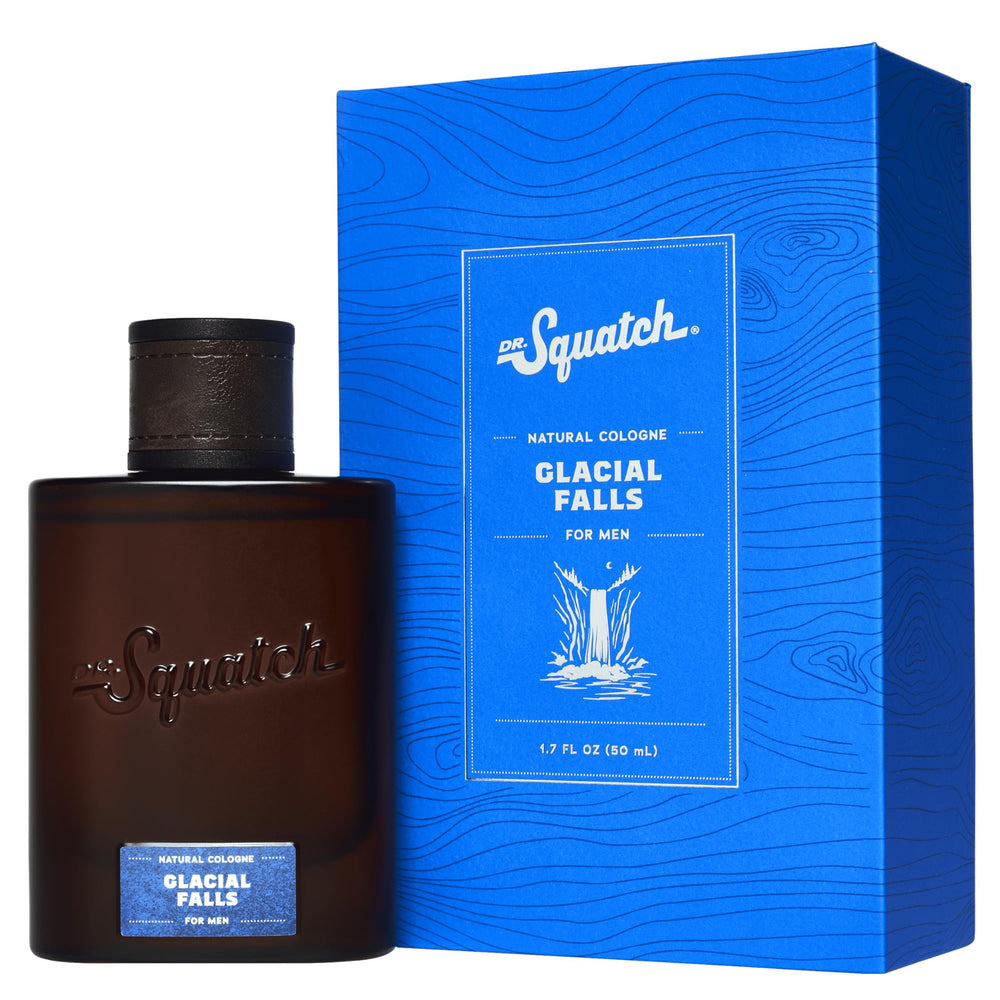 Dr. Squatch Glacial Falls bottle closeup for all-day freshness and rugged confidence.