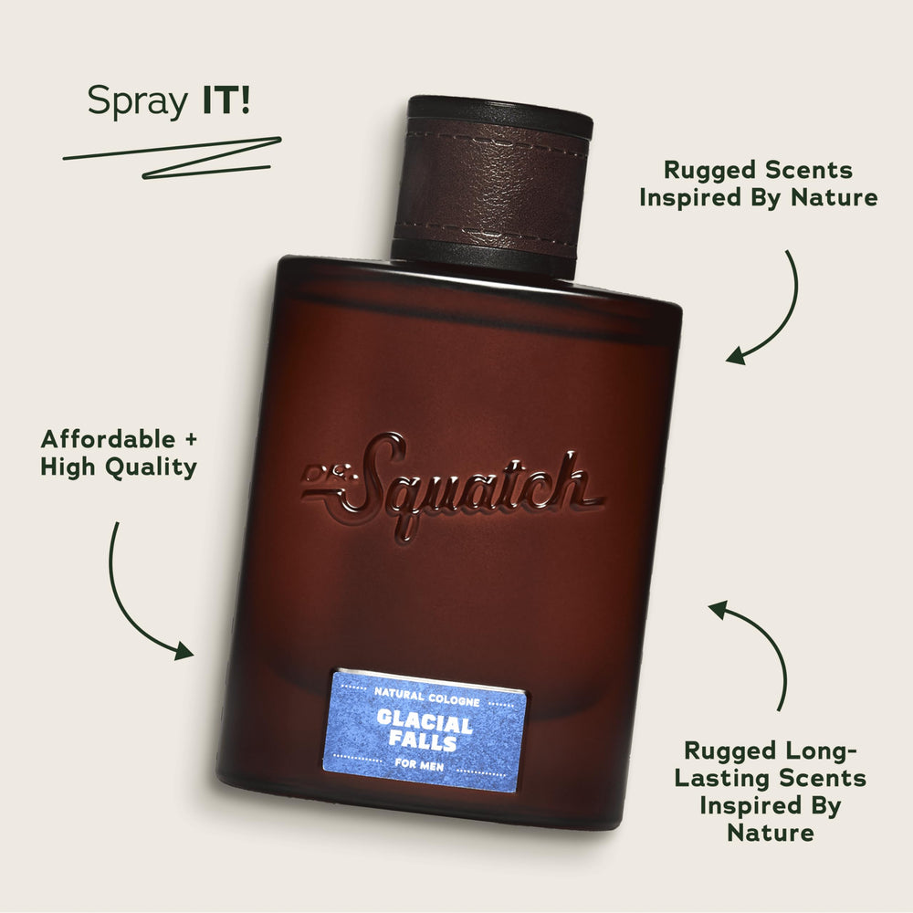 Dr. Squatch Glacial Falls pulse-points application demonstrating easy spray for daylong scent.