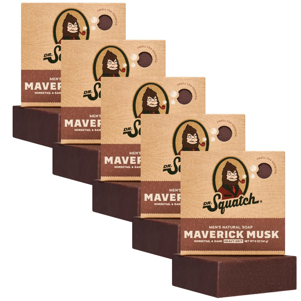 Dr. Squatch Maverick Musk bar soap pack outer label highlights natural ingredients for a refreshing shower