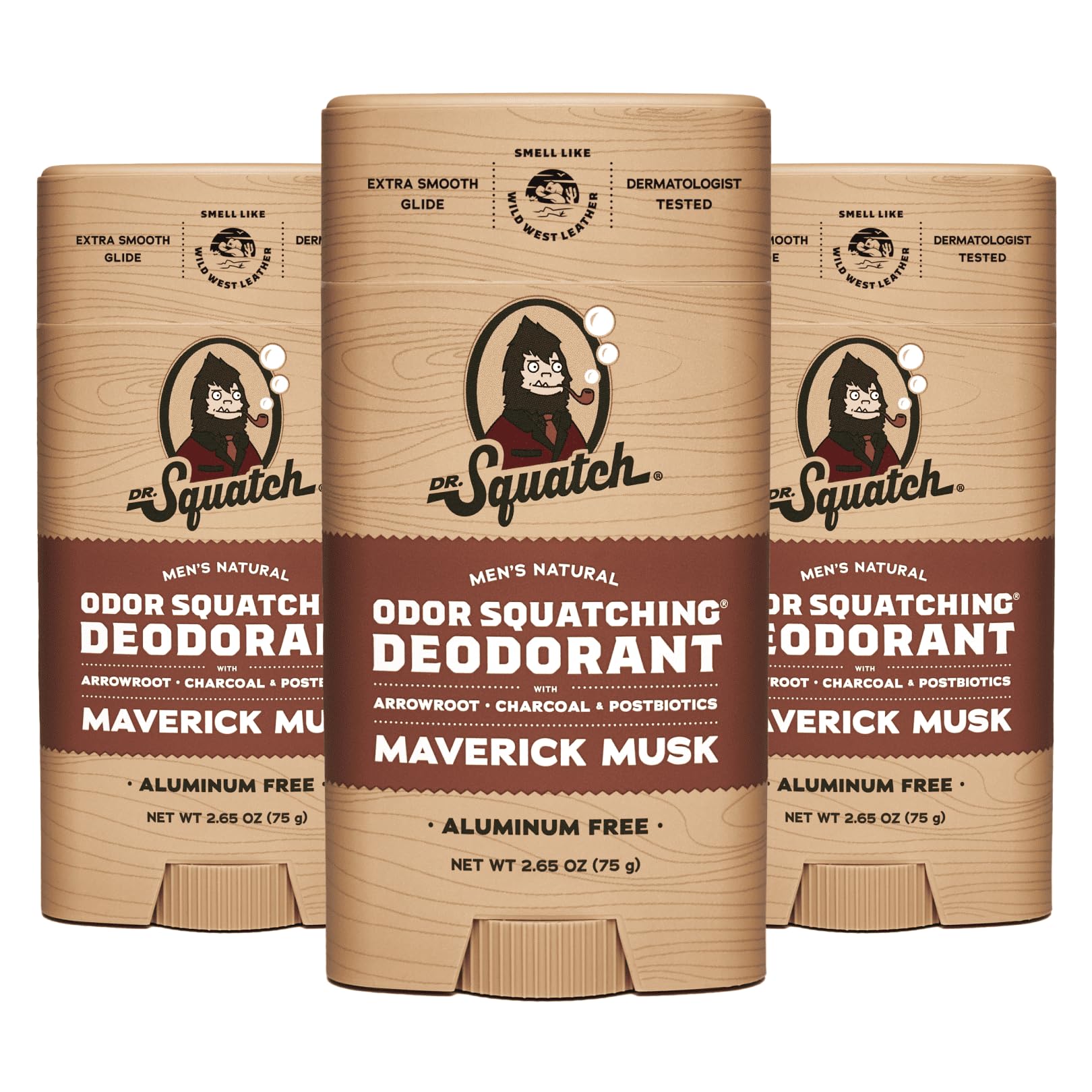 Dr. Squatch Maverick Musk deodorant 3-pack tubes provide all-day odor protection.
