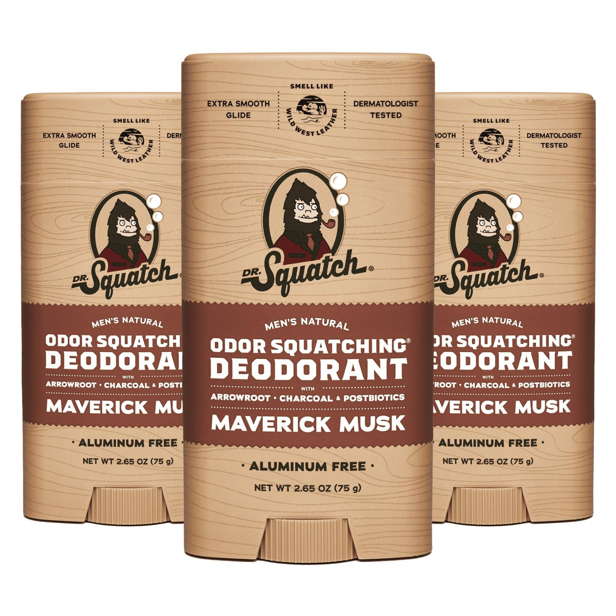 Dr. Squatch Maverick Musk deodorant 3-pack tubes provide all-day odor protection.