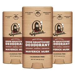 Dr. Squatch Maverick Musk deodorant 3-pack tubes provide all-day odor protection.