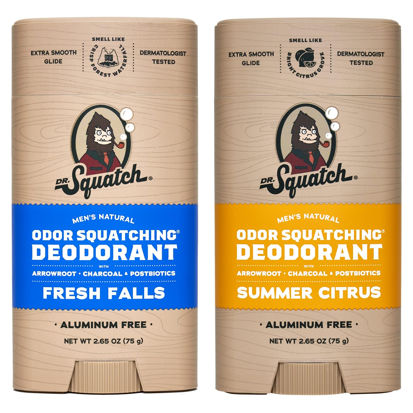 Dr. Squatch natural deodorant 2-pack with Fresh Falls and Summer Citrus scent for all-day freshness.