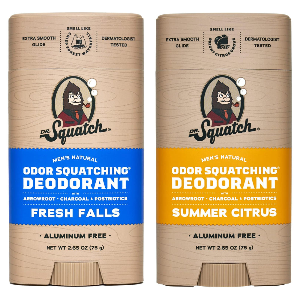 Dr. Squatch natural deodorant 2-pack with Fresh Falls and Summer Citrus scent for all-day freshness.