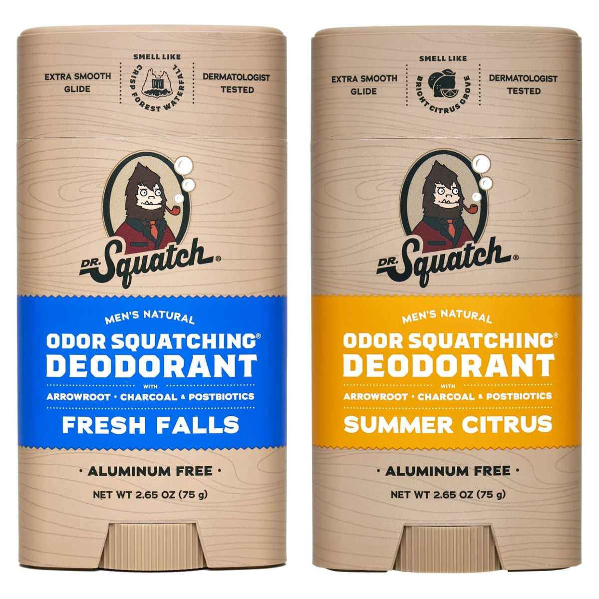 Dr. Squatch natural deodorant 2-pack with Fresh Falls and Summer Citrus scent for all-day freshness.