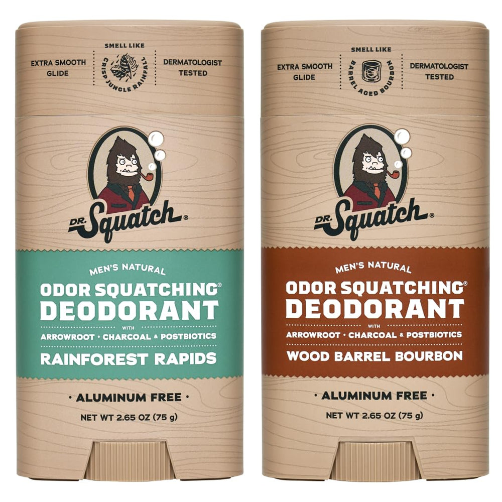 Dr. Squatch Rainforest Rapids deodorant bottle close-up with aluminum-free protection for all-day freshness.