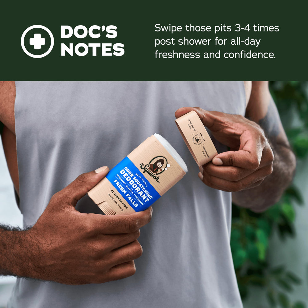 Dr. Squatch deodorant being applied after shower for lasting freshness and comfort.