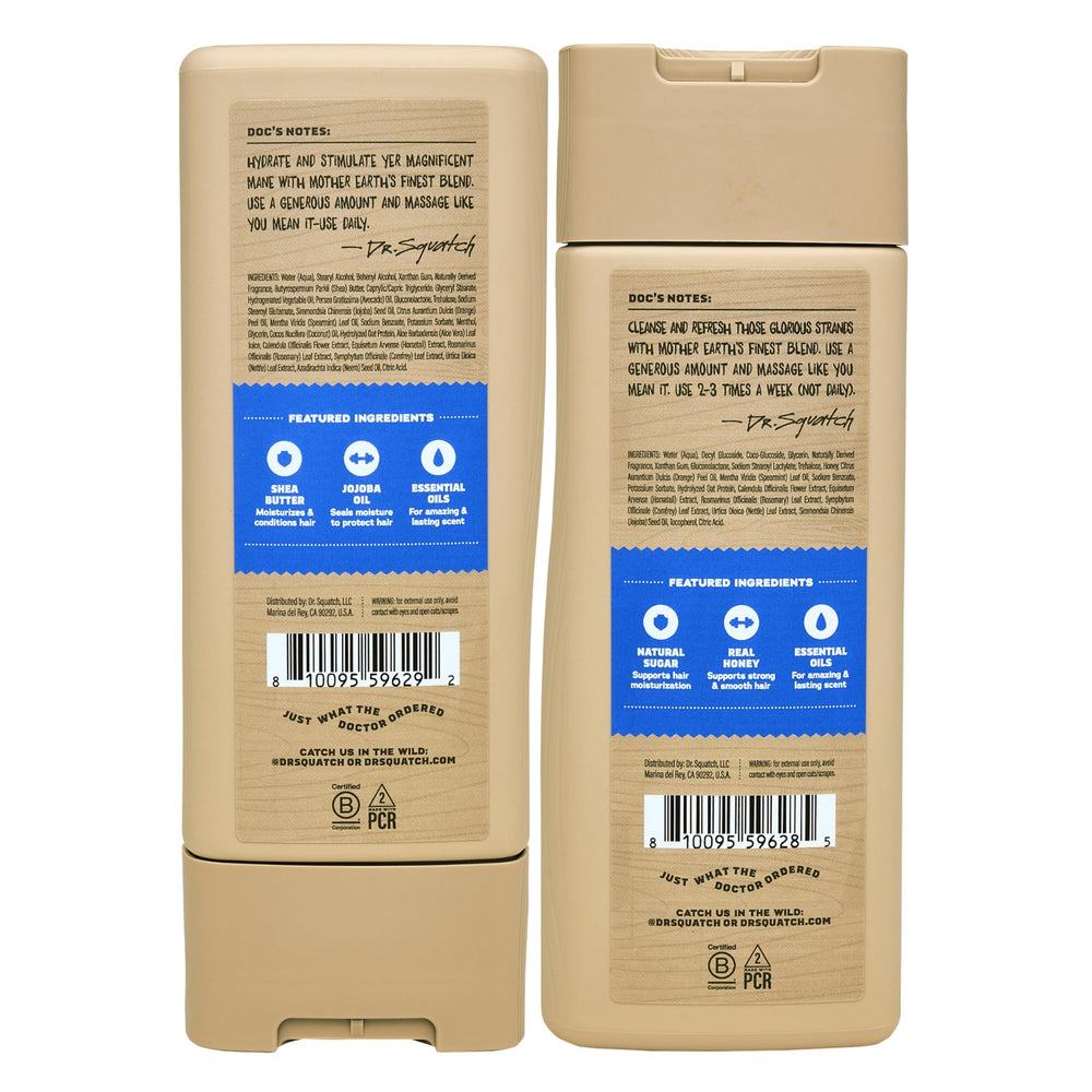 Dr. Squatch hair bundle packaging shows natural ingredients for men.