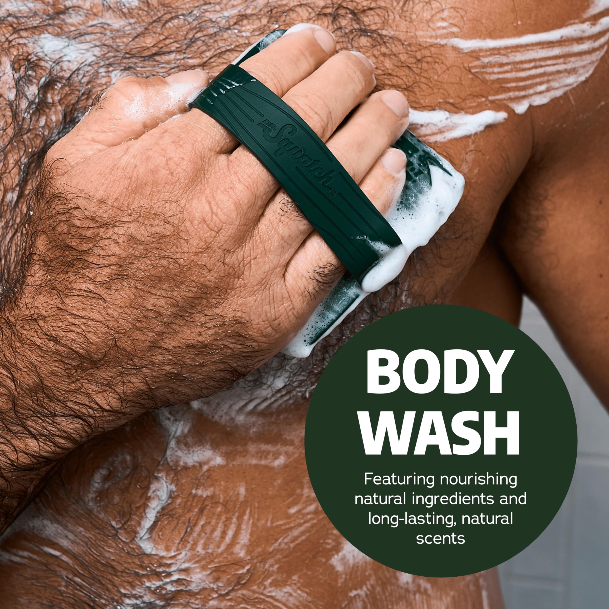 Natural ingredients label on Dr. Squatch body wash highlighting clean formula.